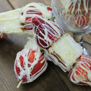 White Chocolate Drizzled Fresh Strawberry Shortcake Kabobs